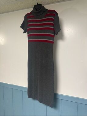 Short-Sleeve Turtleneck Midi Dress in Charcoal with Burgundy Stripes